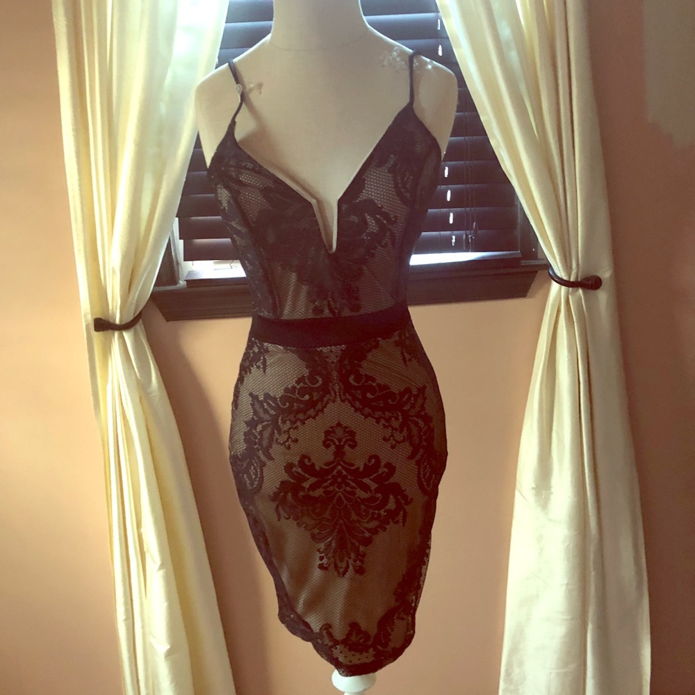 Black and Nude Lace Bodycon Dress